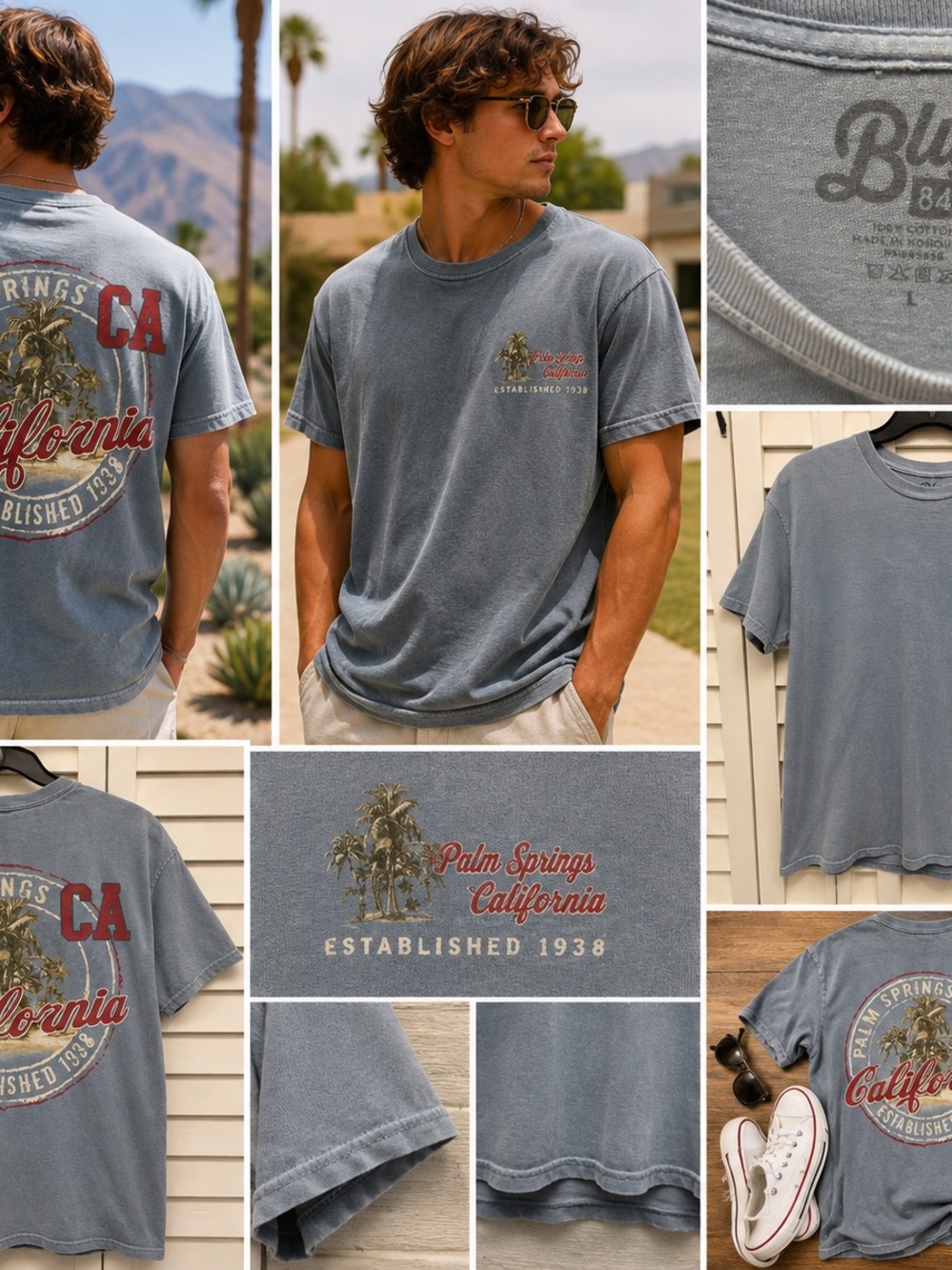 Blue 84 Palm Springs California T Shirt Mens Large Distressed Graphic Washed Tee